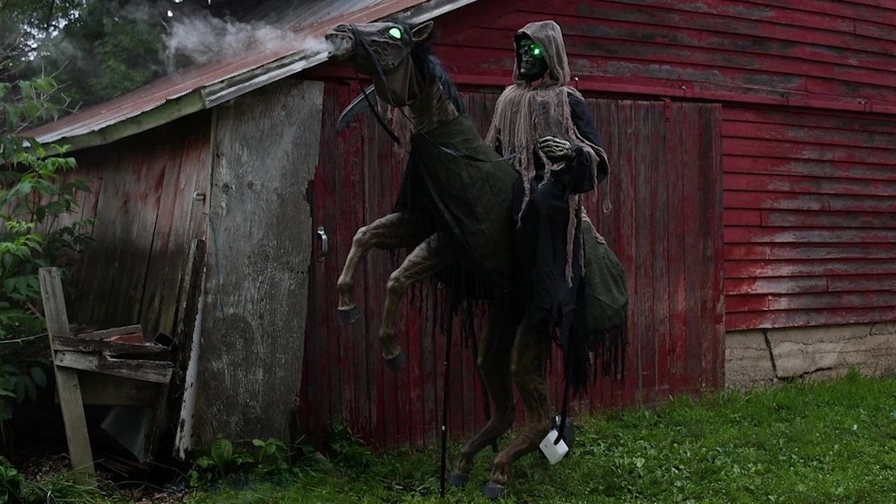 Make way for death on horseback! Standing 7 feet tall, this exclusive Reaper's Ride Animatronic Decoration brings ghostly movement, haunting lights, and grim sound effects to your Halloween display.